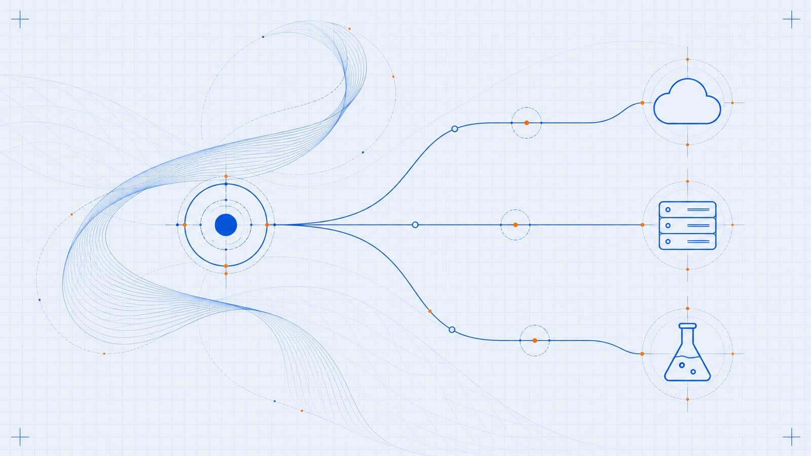 Blueprint illustration of one source node branching into three paths that lead to a cloud, a server rack and a laboratory flask, with an abstract calligraphic stroke behind it.