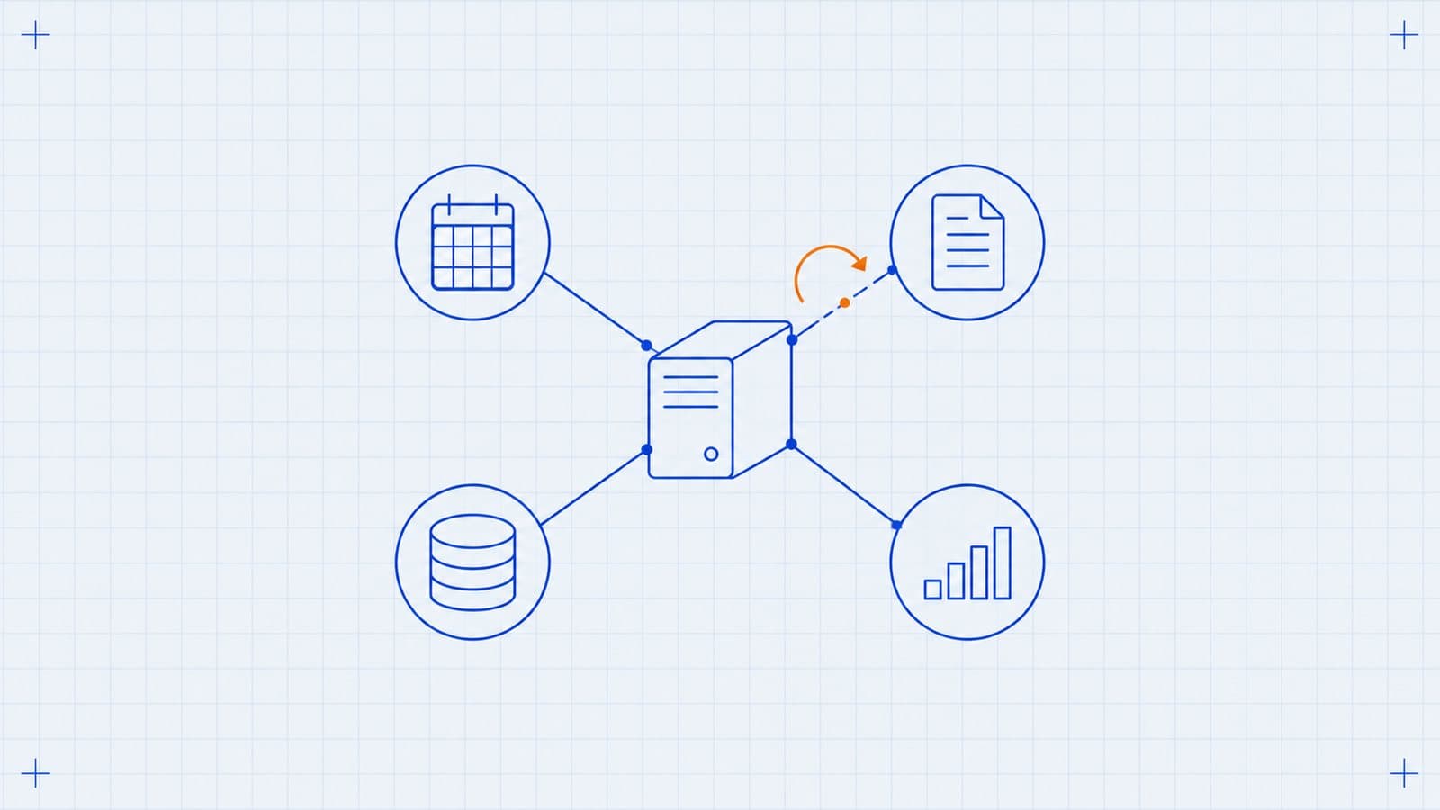 Blueprint illustration of a local machine surrounded by tool nodes, with one broken link and a retry arrow reconnecting it.
