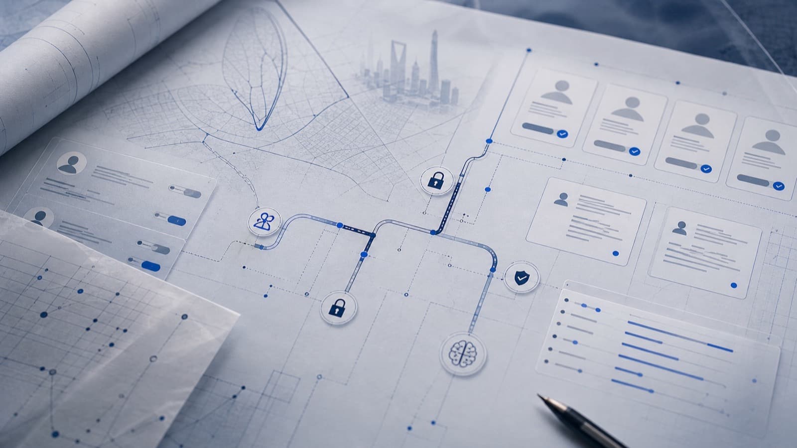 مخطط خصوصية بأسلوب blueprint يعرض سجلات CRM وملفات الموارد البشرية وضوابط الموافقة ومسارات بيانات مؤمنة وعقد حوكمة AI.