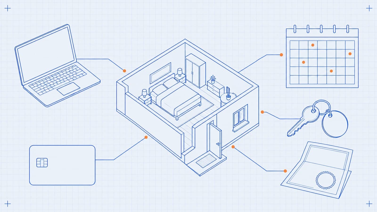 Blueprint illustration of a small holiday apartment beside a calendar grid with marked dates, a door key and a sealed certificate, linked to a laptop and a payment card.