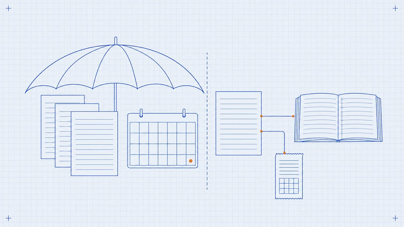 Blueprint illustration of older tax return sheets and a calendar with its last day marked, sheltered under an umbrella, while a newer return past a dashed cut-off line sits outside it, linked to a receipt and an open ledger.