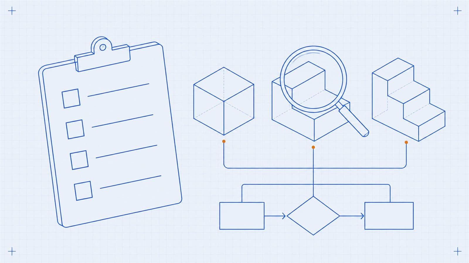 Blueprint drawing of a checklist clipboard and a magnifying glass over one of three modular blocks