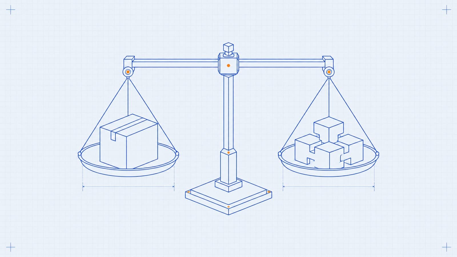 Blueprint drawing of a balance scale weighing a boxed software package against custom modular blocks