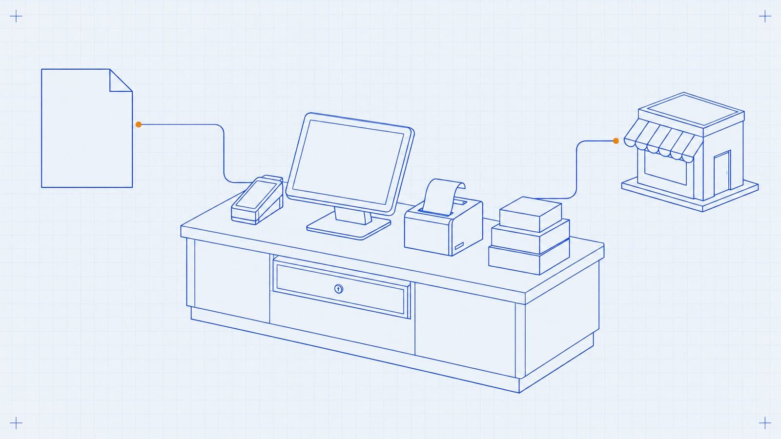 Blueprint drawing of a shop counter with a POS terminal, card reader and receipt printer linked to an invoice