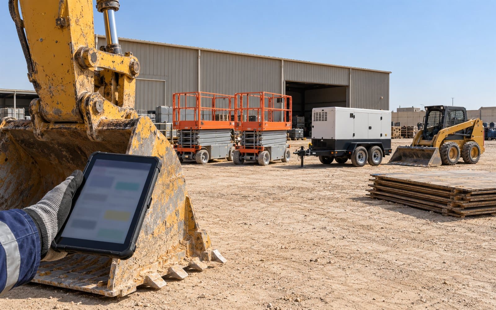A supervisor's tablet beside an excavator bucket in a rental yard with lifts and a generator