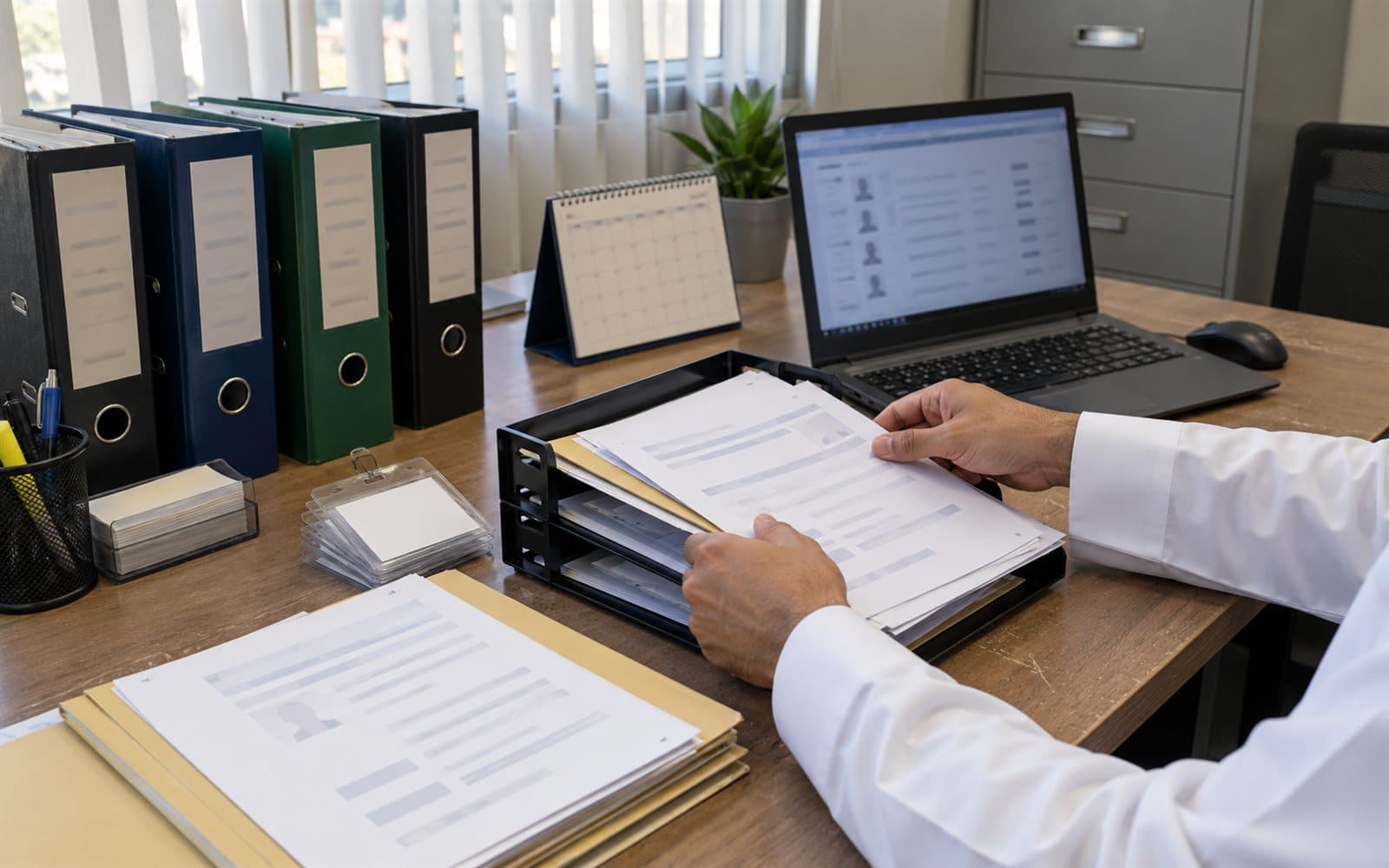 An HR officer sorting employee folders and ID badges beside a laptop staff directory