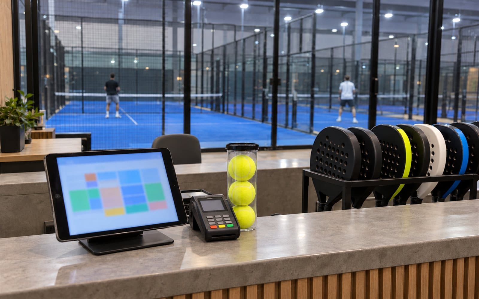 Padel club reception counter with a booking tablet and payment terminal, courts behind the glass