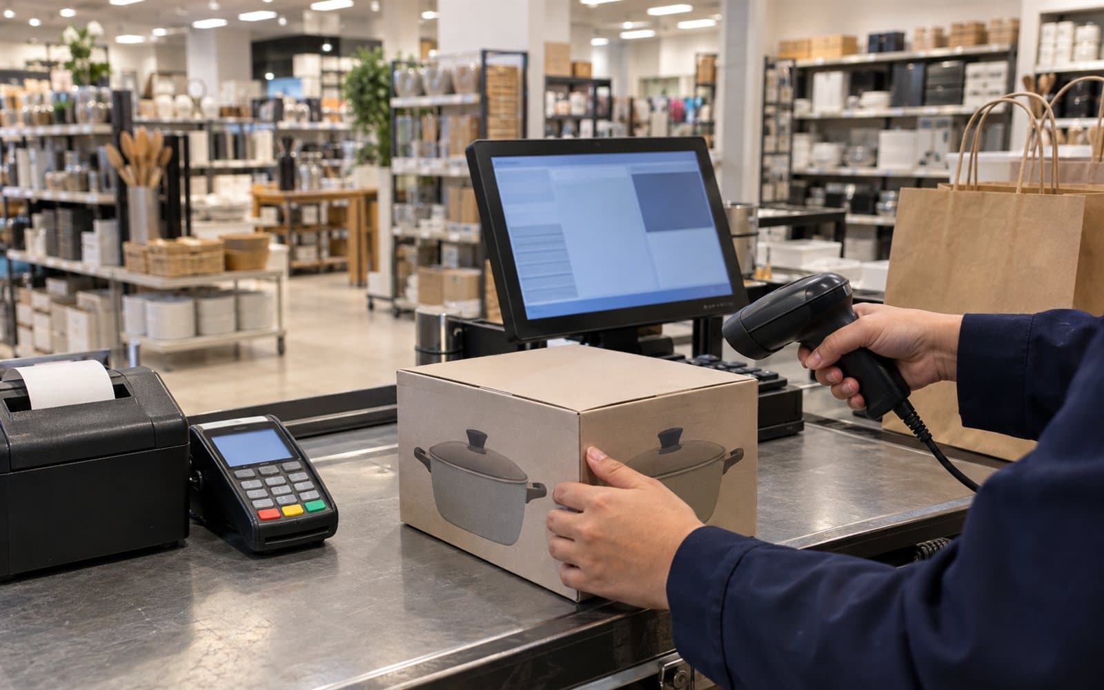 A cashier scanning a boxed item at a home-goods store checkout beside the card terminal