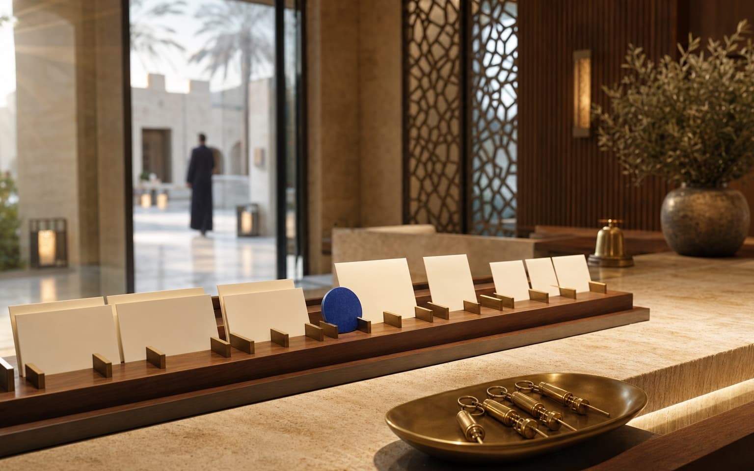 Hospitality reception with reservation cards and one confirmed booking marker