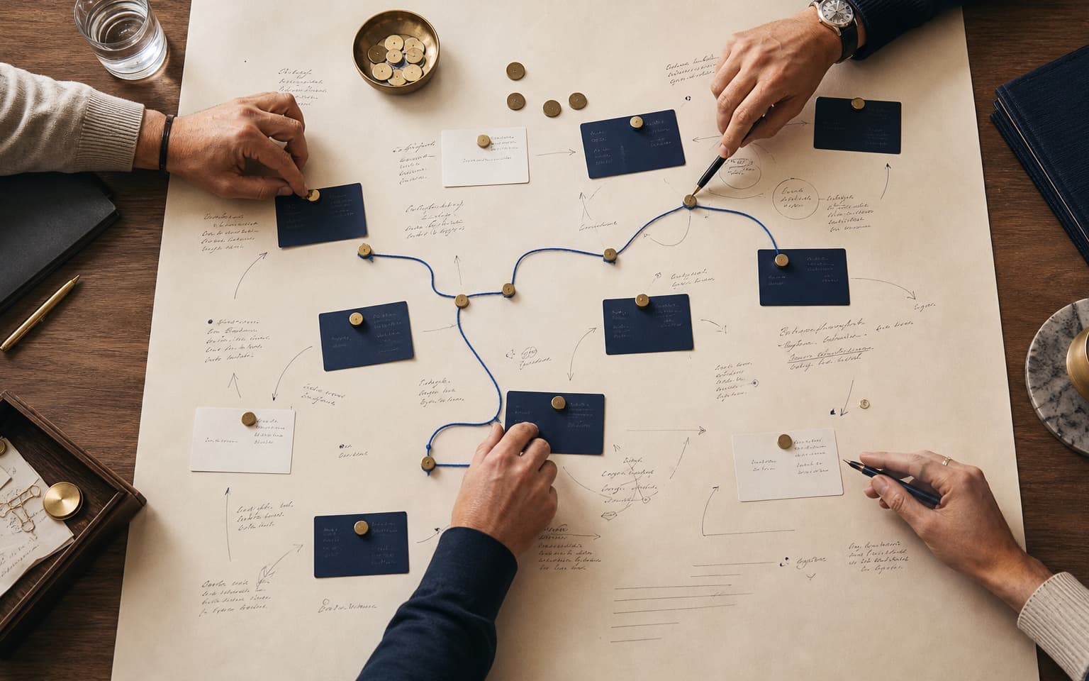 Team mapping customer relationships and follow-up paths across a workshop table