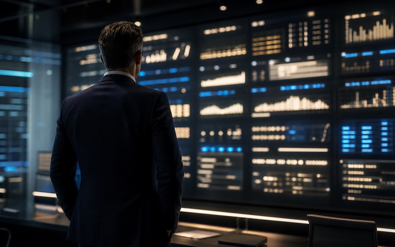 Operations director reviewing an abstract data wall in a modern control room