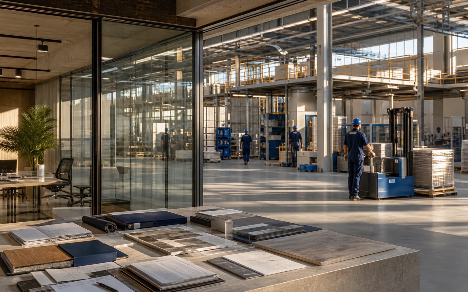 Connected operations office overlooking an active logistics facility