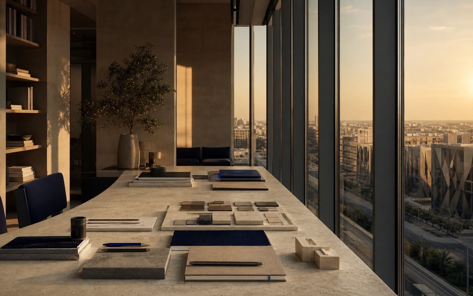 Contemporary Riyadh software studio overlooking the city at sunset