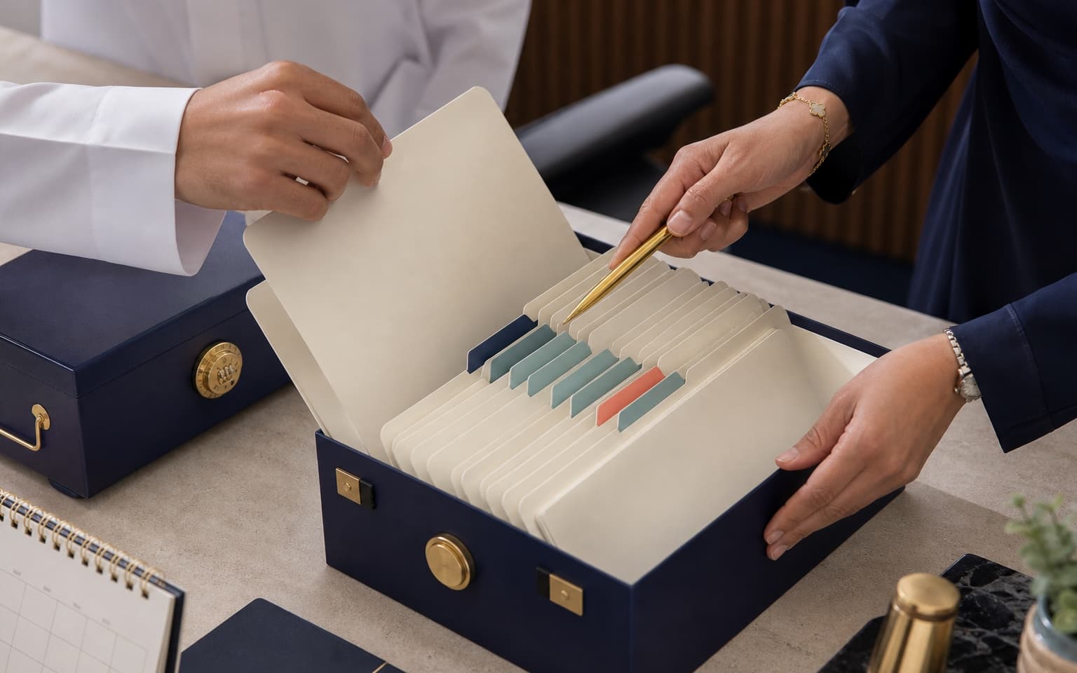 HR professionals reviewing confidential employee folders with expiry alert tabs