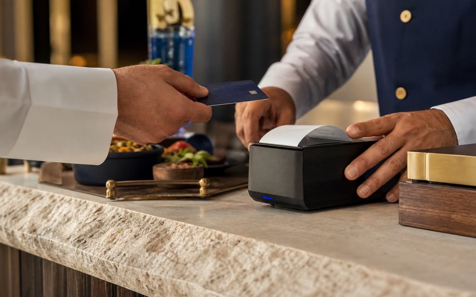 Restaurant payment transaction with a card and a receipt at the counter