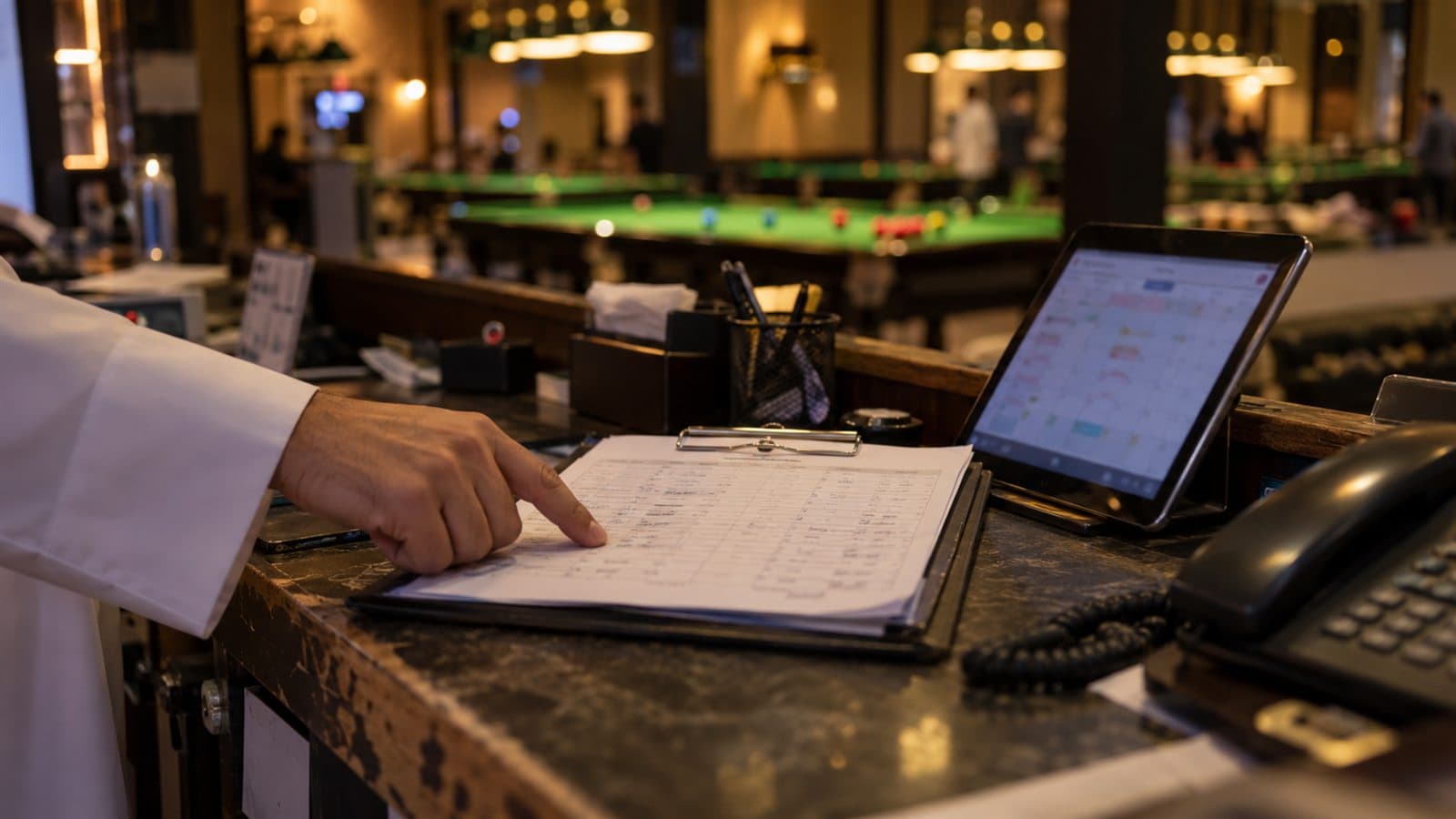 A hand pointing at a printed booking sheet on a clipboard at the reception desk of a snooker lounge, beside a tablet calendar and a desk phone