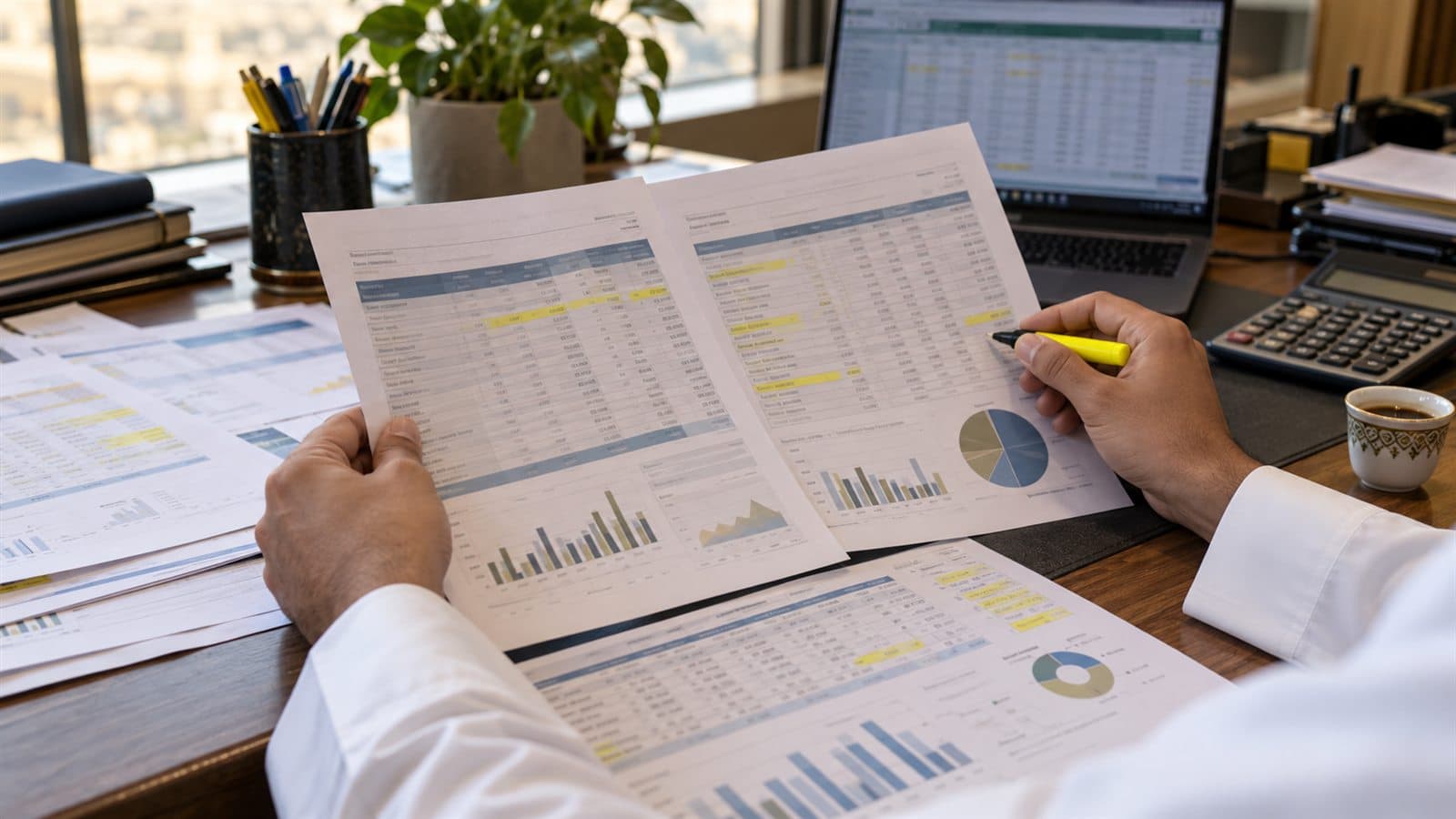 A manager comparing two printed spreadsheet reports with highlighter marks at a desk with a calculator, a laptop and Arabic coffee