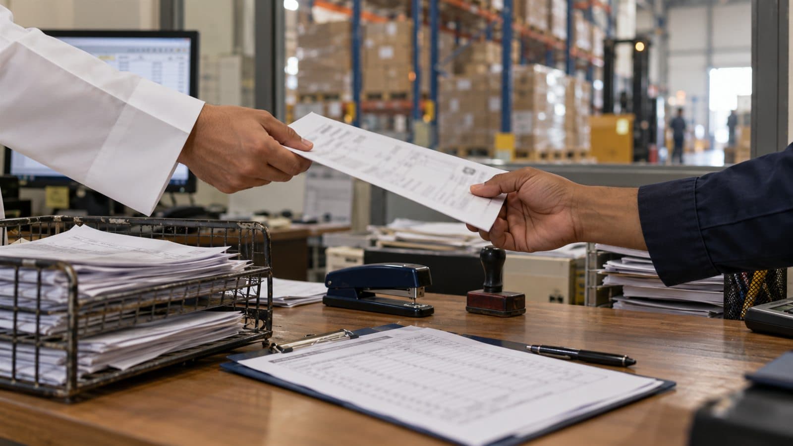 A delivery note handed across a warehouse office desk with a tray of purchase orders, a stamp and a clipboard, and pallet racking behind the glass