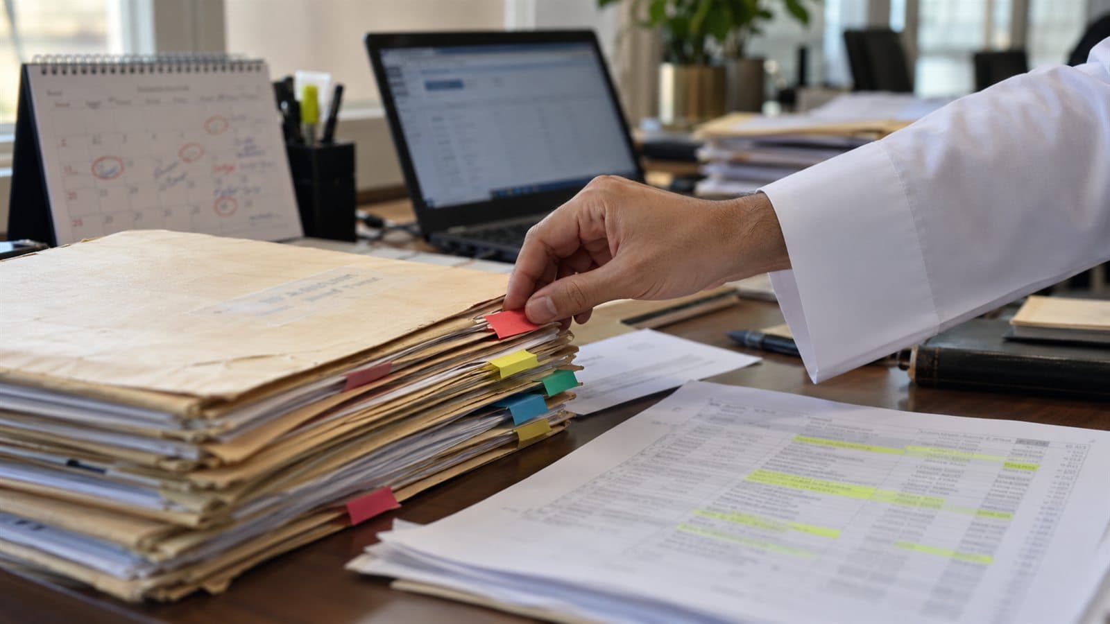 A hand adding a red flag to a stack of employee files beside a highlighted staff list, a desk calendar with circled dates and a laptop
