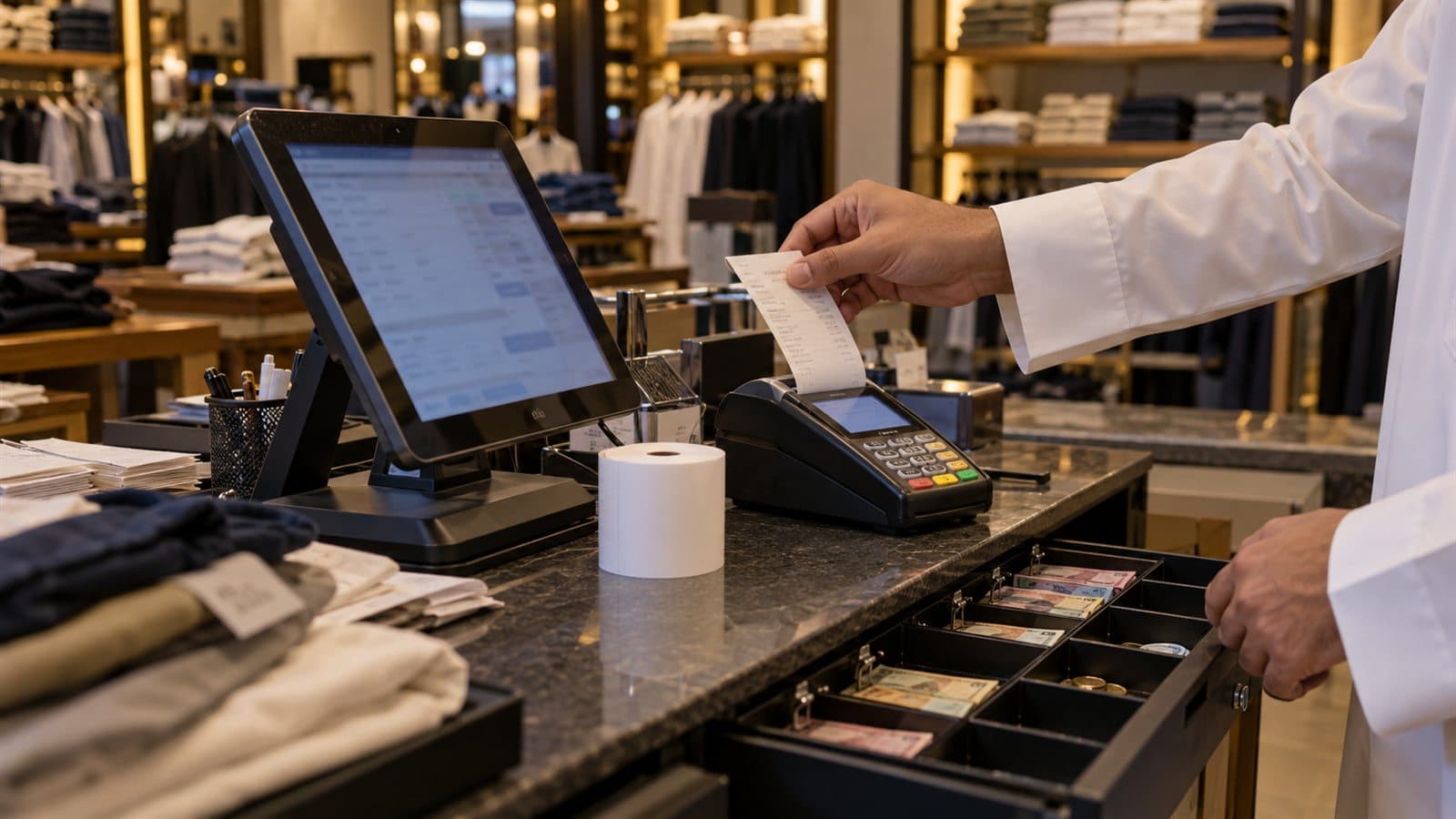 A retail checkout counter at closing time with a POS tablet, a card terminal printing a receipt and a cash drawer