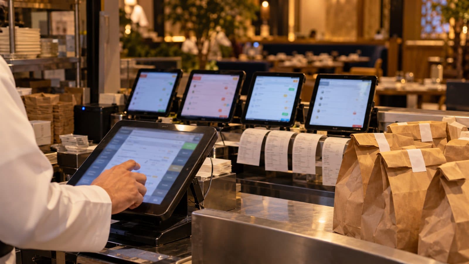 Delivery app tablets standing side by side on a restaurant takeaway counter while a staff member re-types an order into the restaurant's own POS