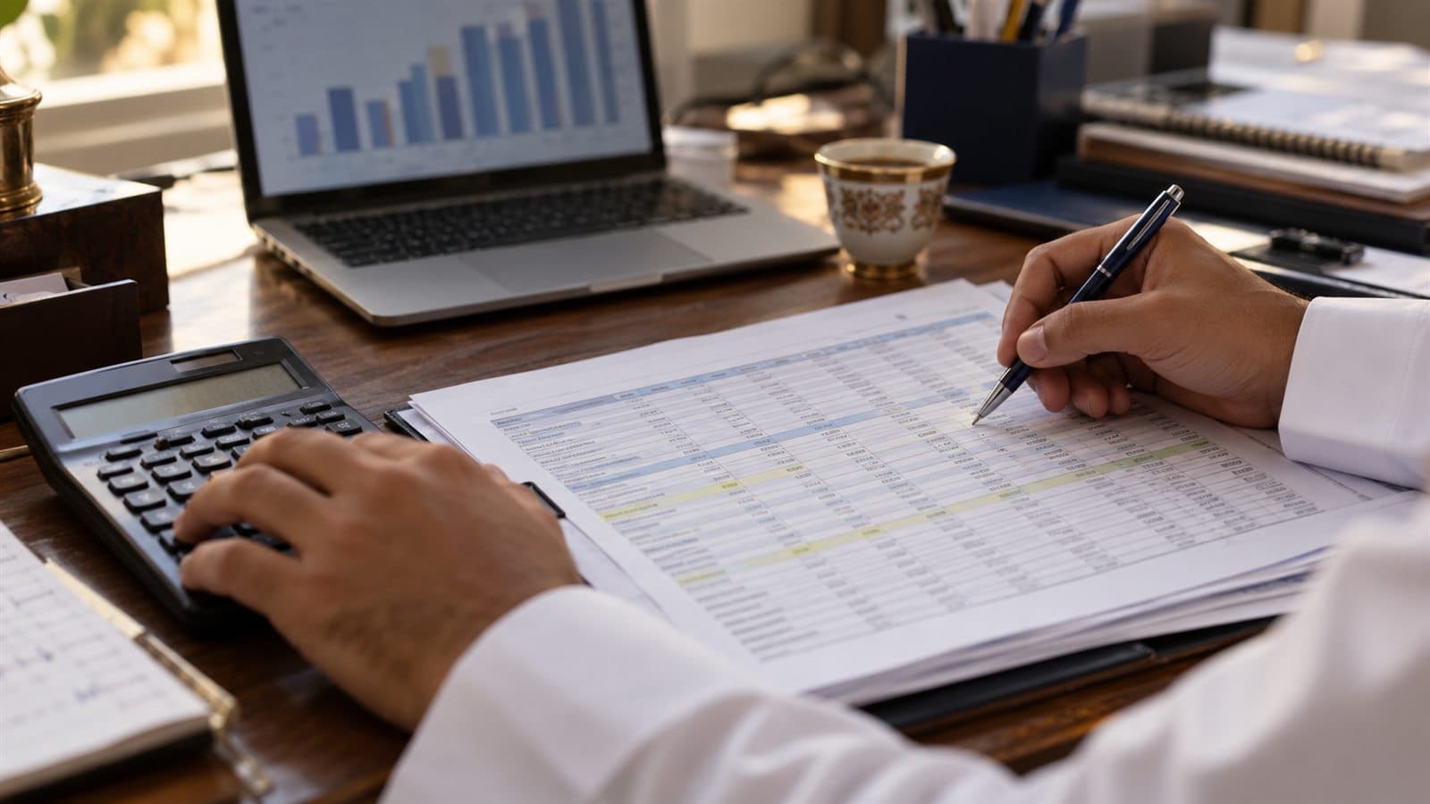 An HR manager running a pen down a printed staff spreadsheet grouped by role, beside a calculator, a laptop chart and a cup of Arabic coffee
