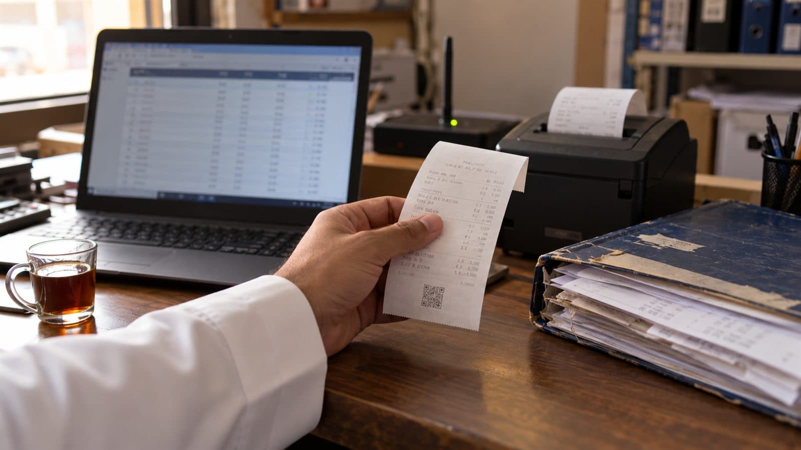 A hand holding a printed receipt with a QR code next to a laptop showing an invoice list, a router with a status light and a receipt printer