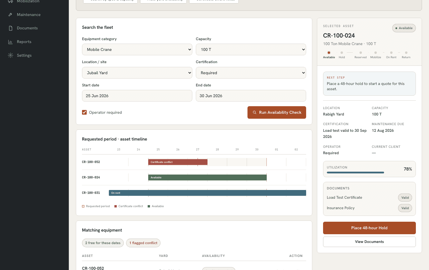 Fictional RentalOps availability search showing requested site filters, certificate conflict timeline, available alternate equipment, and hold workflow