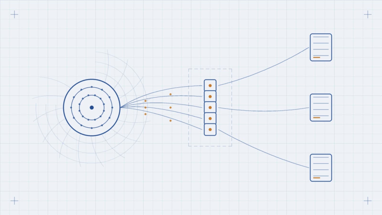 A pale technical blueprint shows a large central AI model node branching through a fine-tuning layer into smaller business workflow nodes for invoices, tickets, and reports, drawn with cicada-wing line patterns.