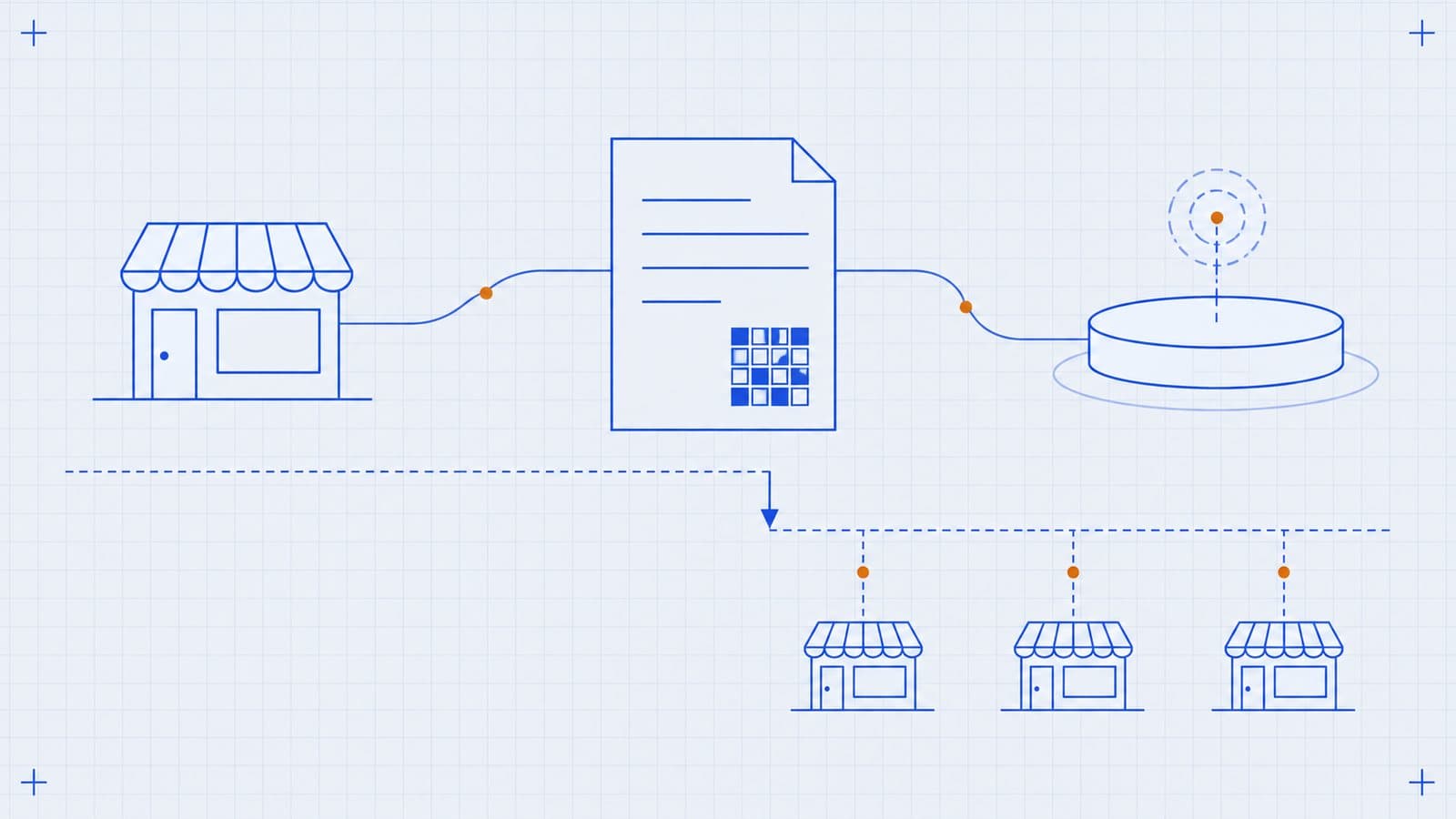 رسم هندسي لفاتورة تحمل مربع رمز QR متصلة بمنضدة متجر صغير وبعقدة منصة، مع خط حد متقطع ينخفض ليشمل متاجر صغيرة أكثر.