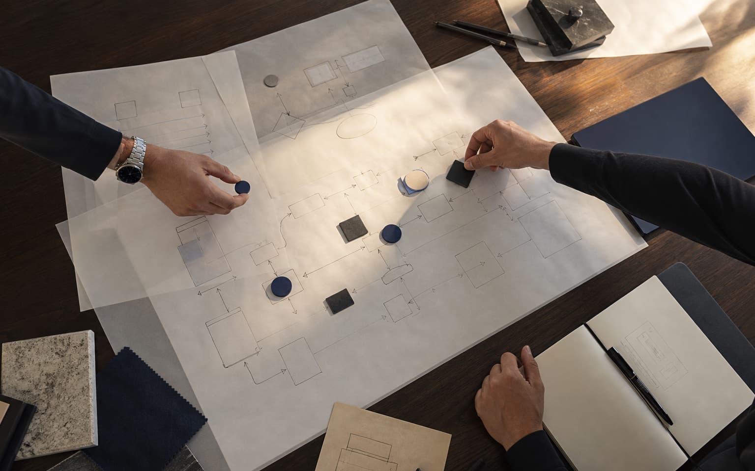 Software consultants mapping a bespoke operational workflow with cards and tracing paper
