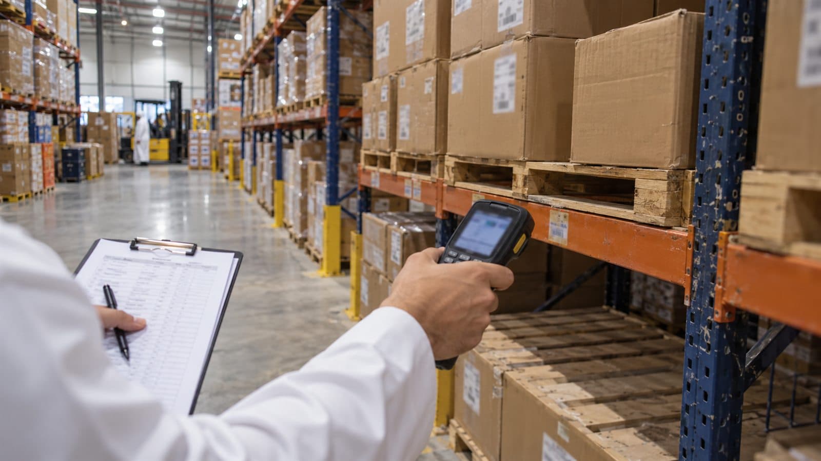 A hand aiming an industrial barcode scanner at cartons on warehouse pallet racking while the other holds a count sheet on a clipboard