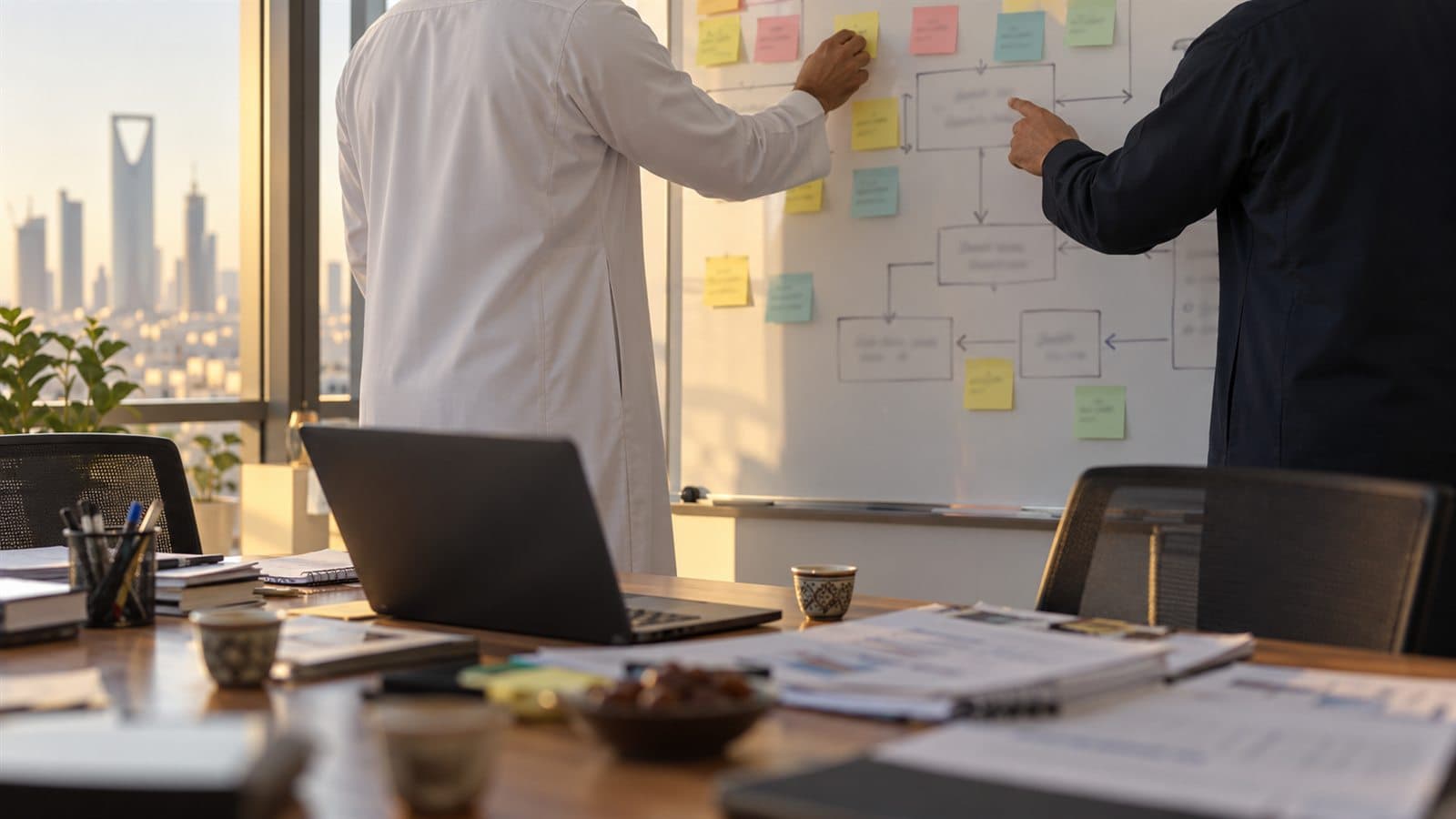 Two people seen from behind mapping a workflow with sticky notes on a whiteboard in a Riyadh office, with Arabic coffee on the table and the skyline in the window