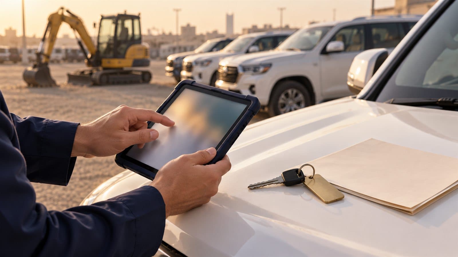 An inspector holding a tablet beside a white SUV at a Riyadh rental yard at sunrise, with a key tag and an inspection folder on the bonnet