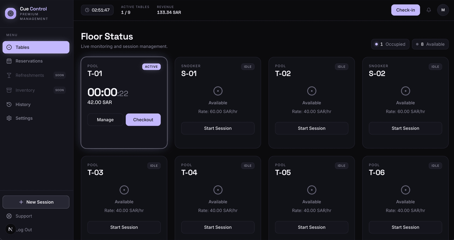 Cue Control floor status dashboard showing live pool tables and sessions