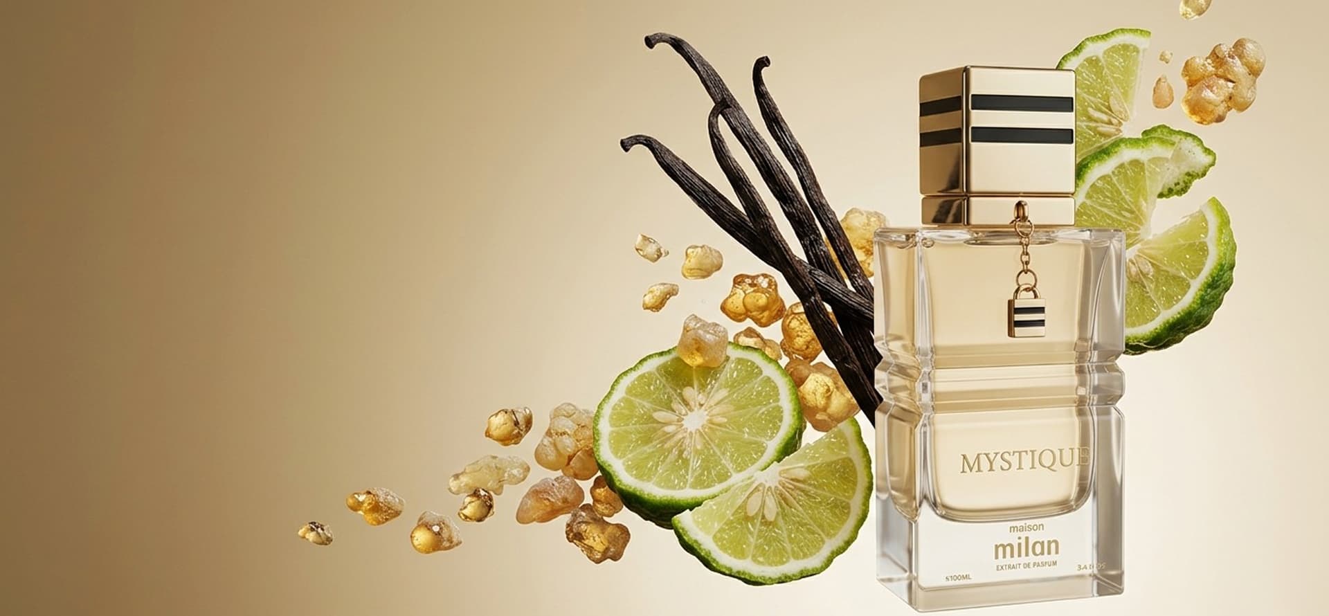Royal Orchid Perfumes campaign photograph of the Maison Milan Mystique bottle with vanilla, lime, and resin ingredients